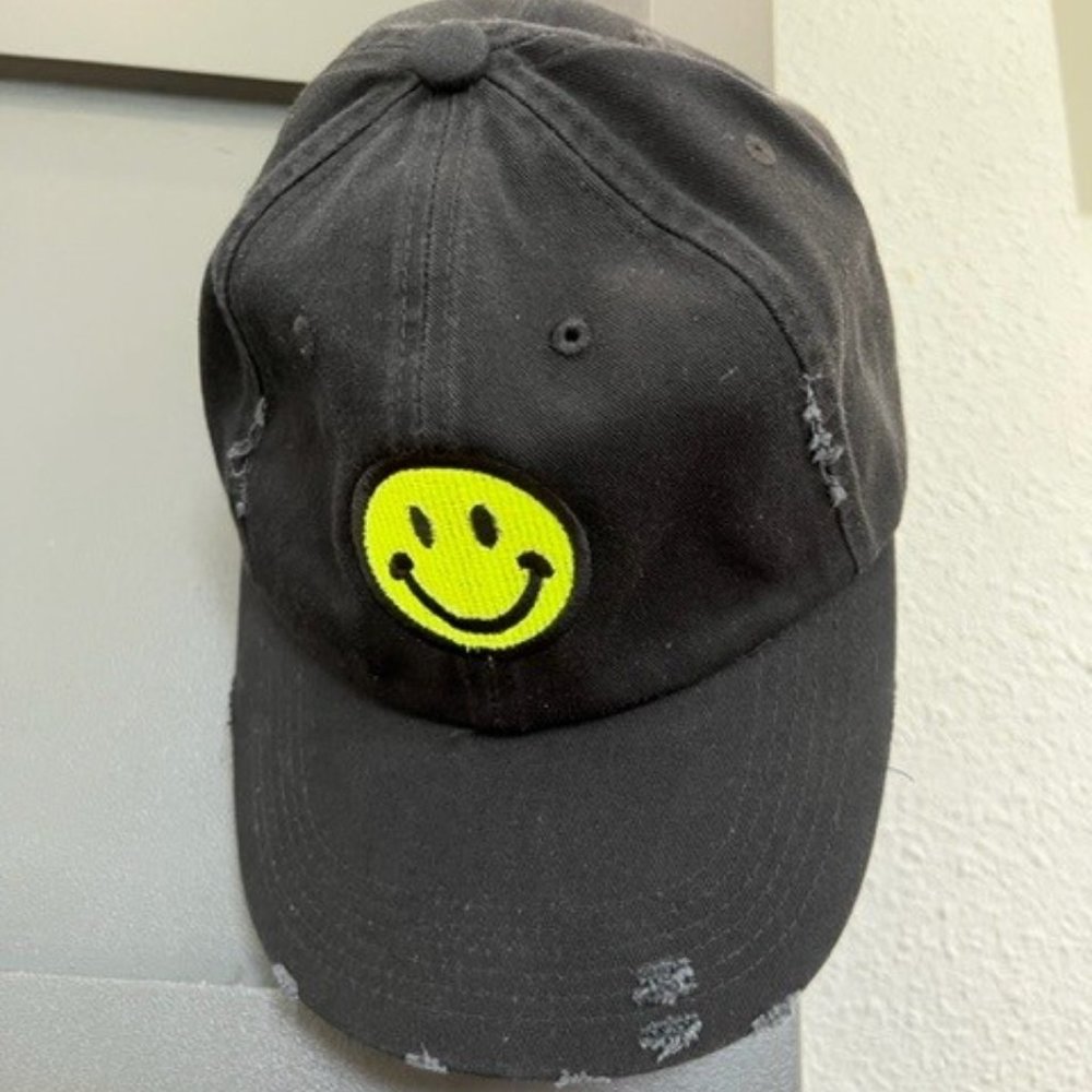 Distressed Black Cap with Yellow Smiley
